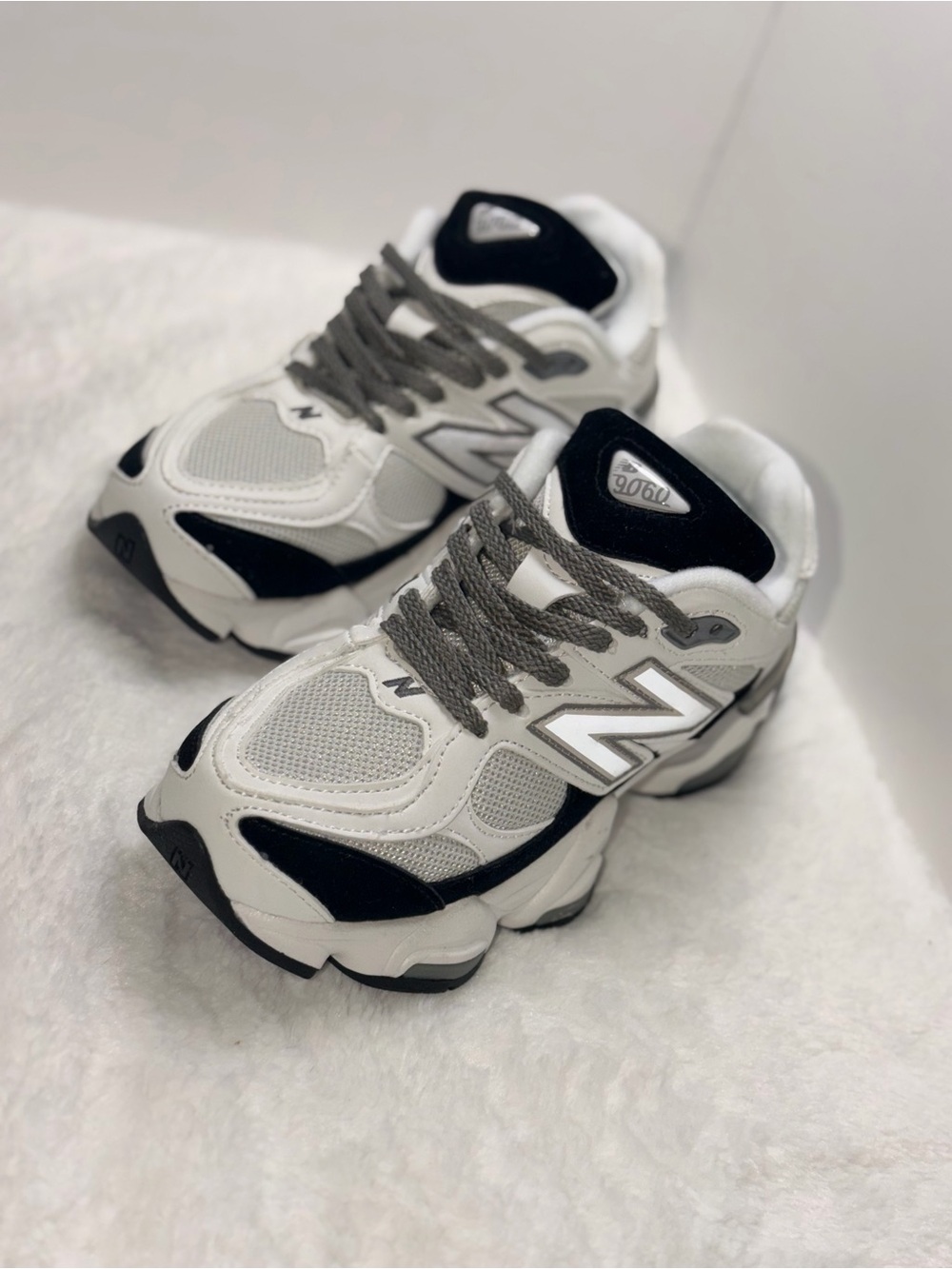 New Balance Kids Sneakers in White, Black & Gray with Mesh Accents